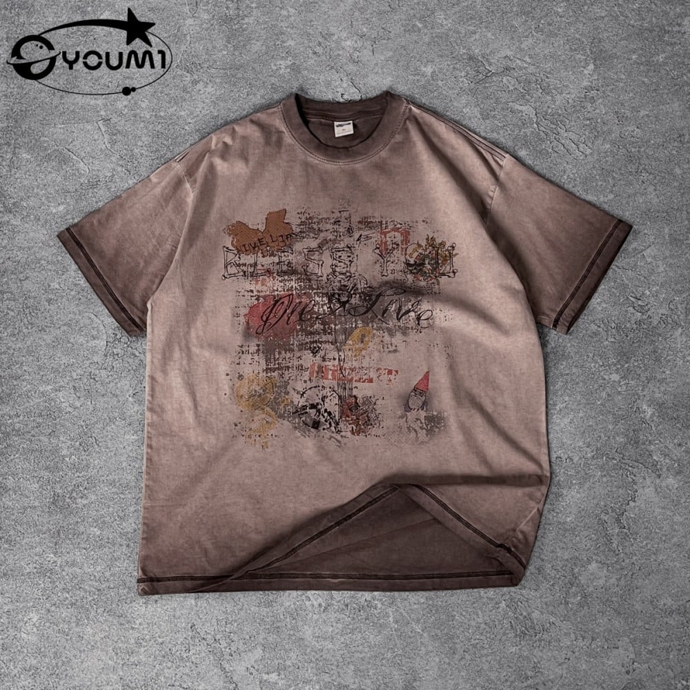  YOUMI DTG Vintage Sun Faded T-Shirt Hip HOP Streetwear