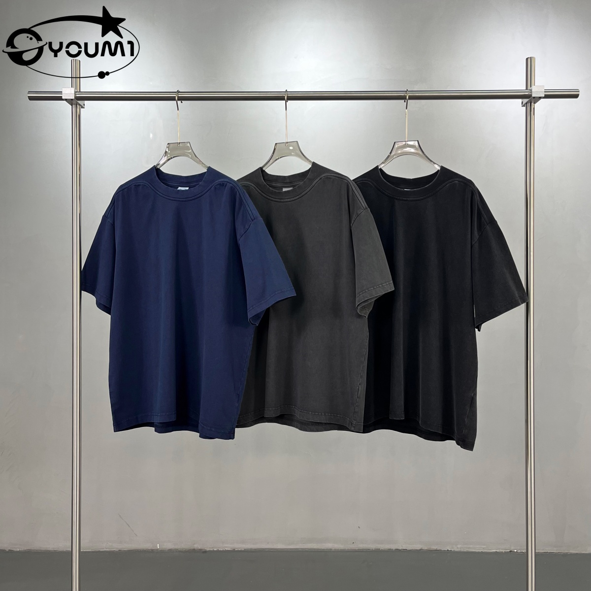 YOUMI 275G Vintage Washed Ribbed Neck T-Shirt Oversized Tshirt Y2K
