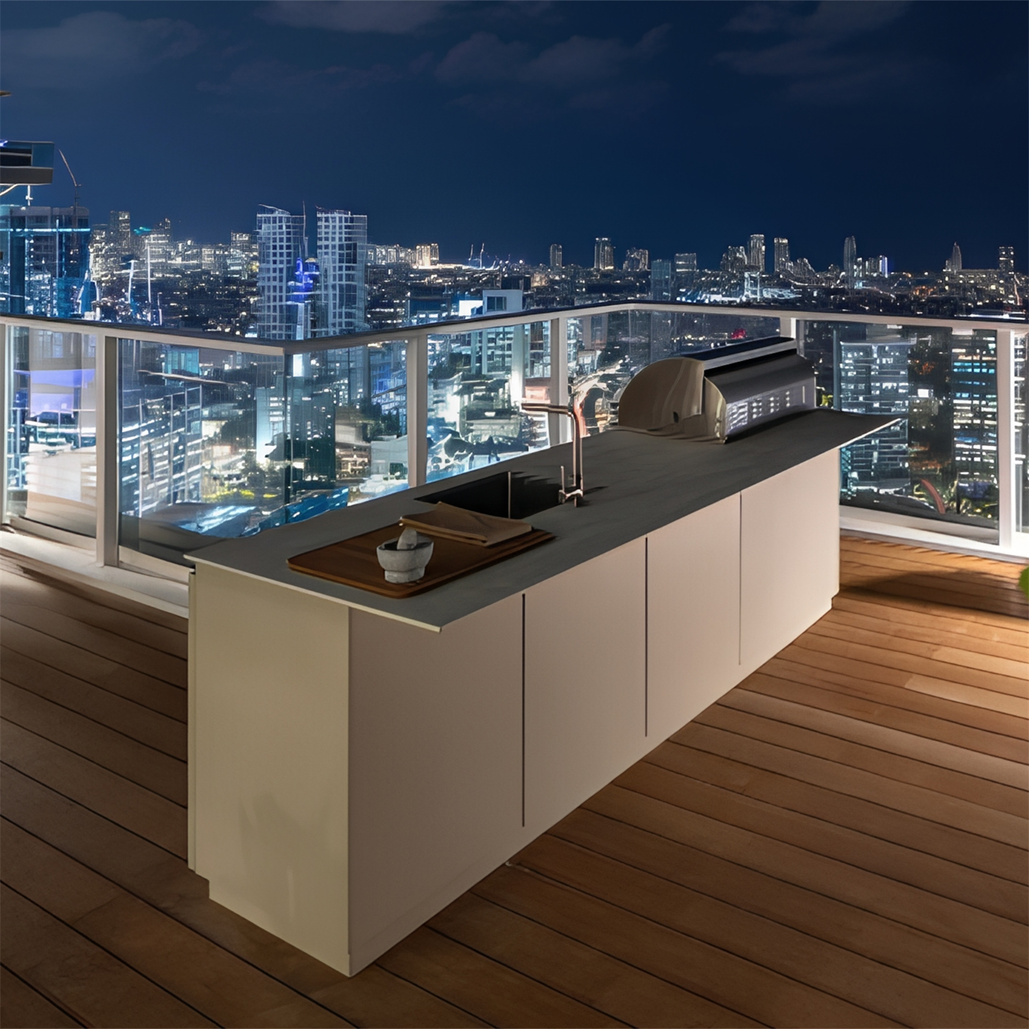 Rooftop Luxury Outdoor Kitchen with Integrated Bar Counter Design