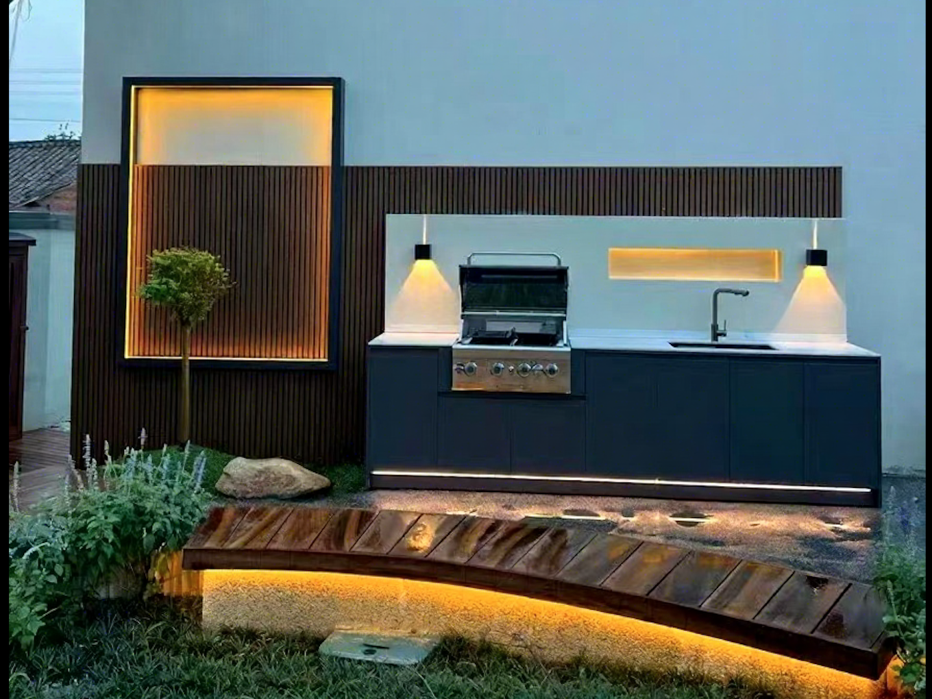 Modern Garden Outdoor Kitchen with Ambient Lighting