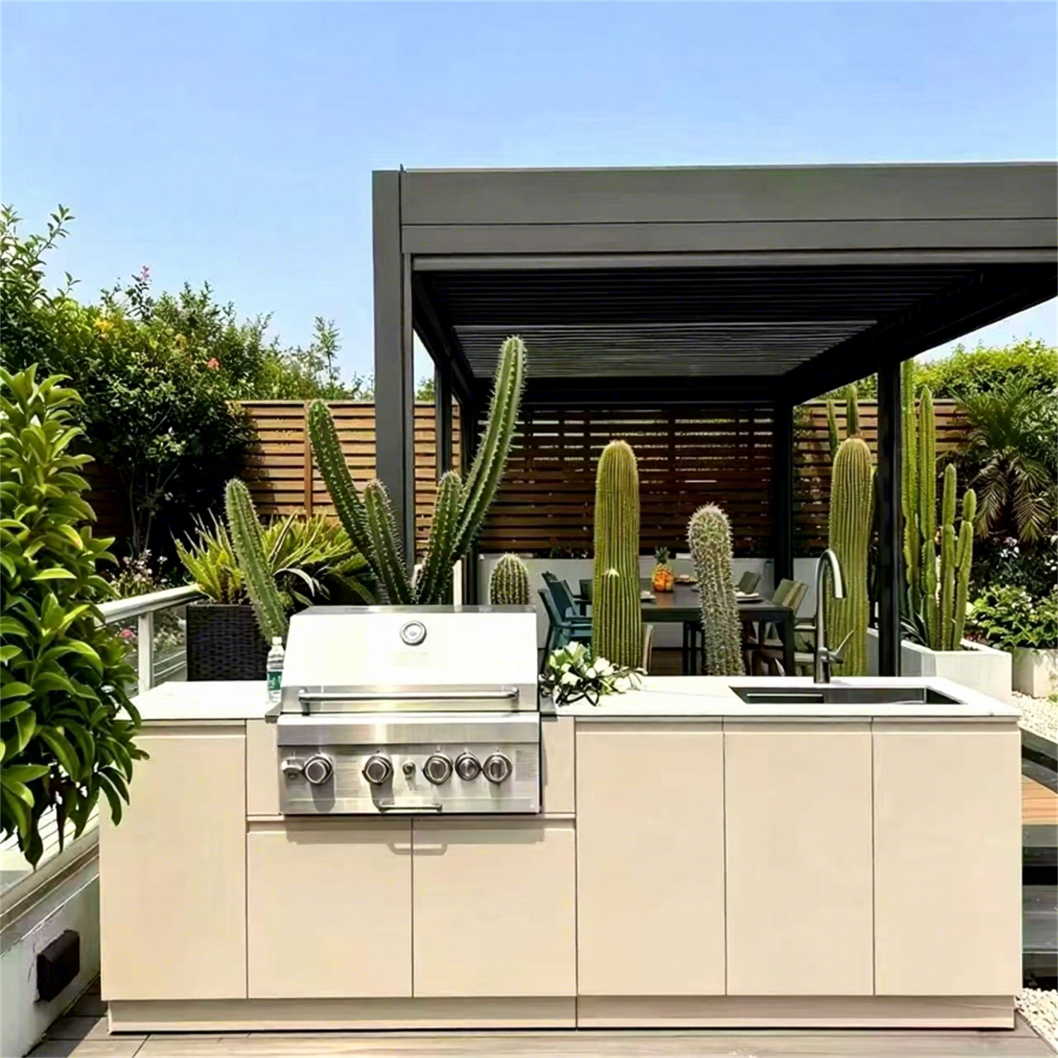 Modern Outdoor Living Space Design with Integrated Kitchen, Pergola & Landscape Planning
