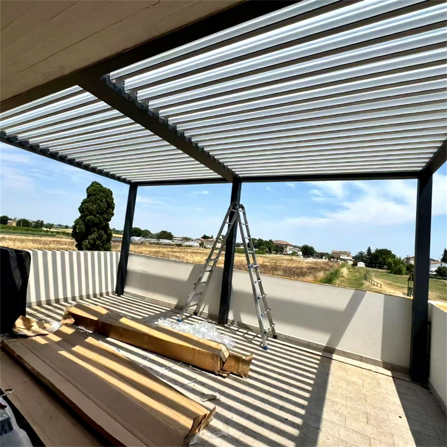 Modern Italian Elegance: Wall-Mounted Louvered Pergola with Integrated LED Lighting