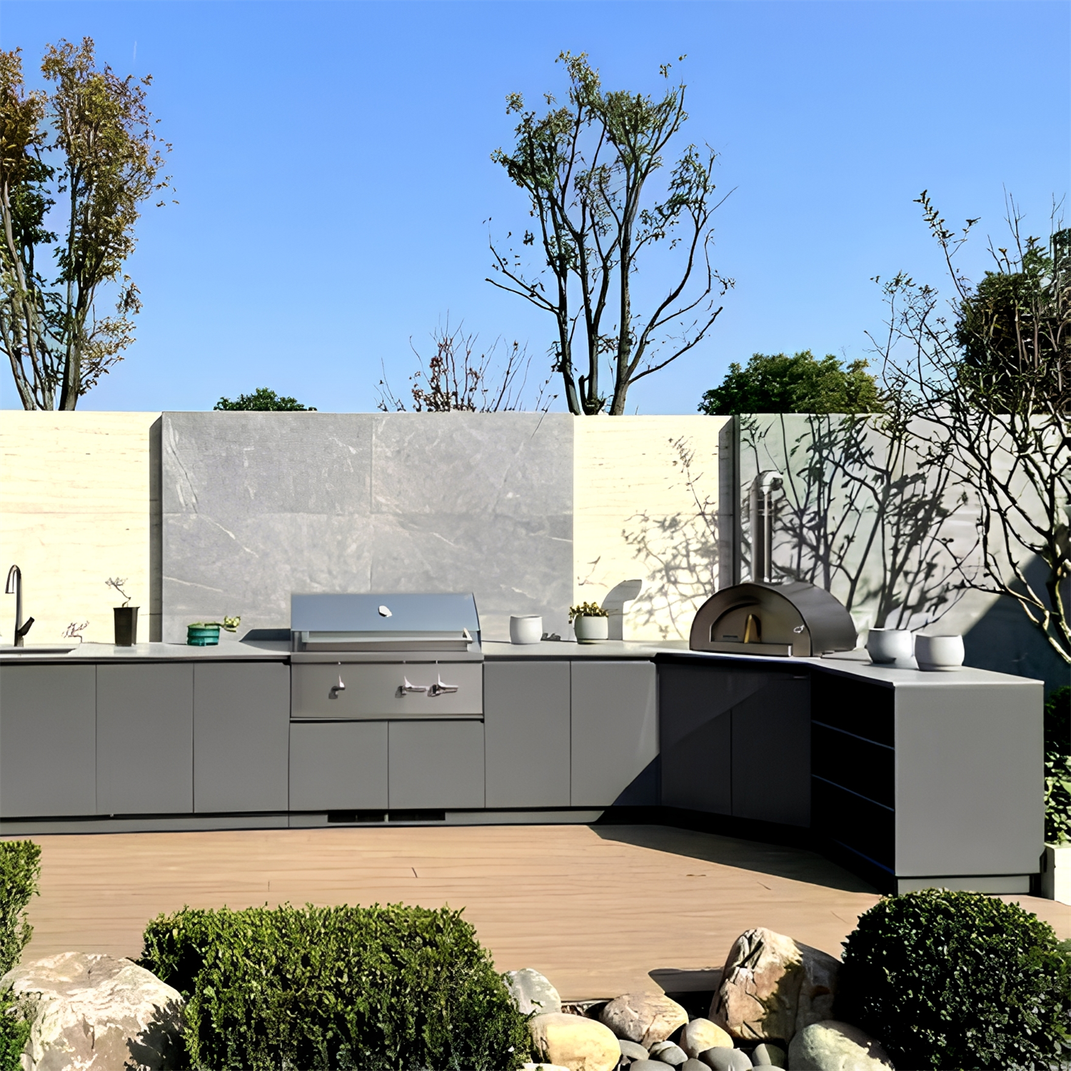 6500mm Custom Outdoor Stainless Steel Kitchen with BBQ Grill, Sink & Pizza Oven