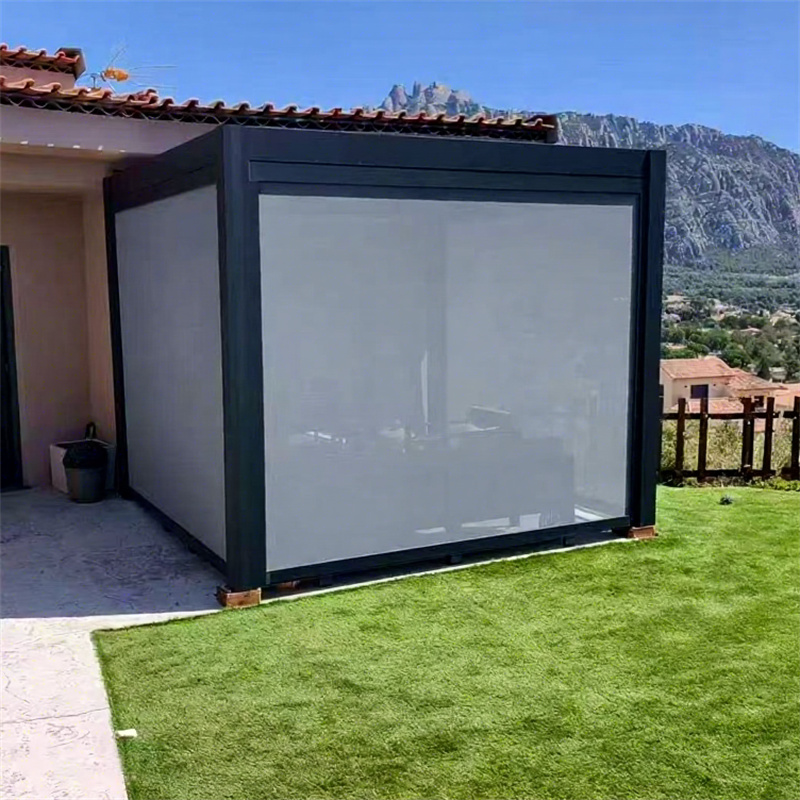 Scenic Spanish Retreat: Compact Louvered Pergola with 30% Openness Privacy Blinds