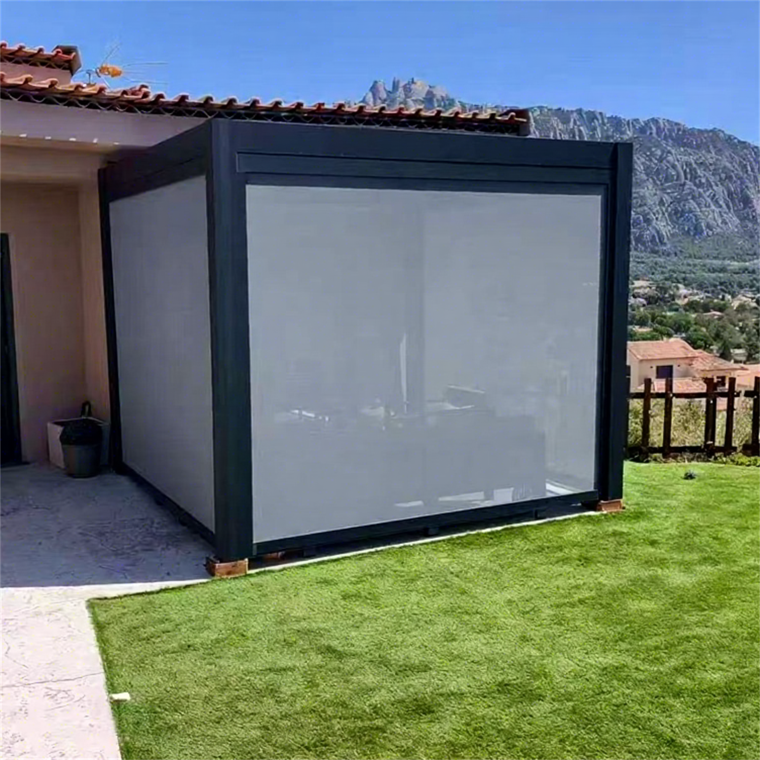 Scenic Spanish Retreat: Compact Louvered Pergola with 30% Openness Privacy Blinds