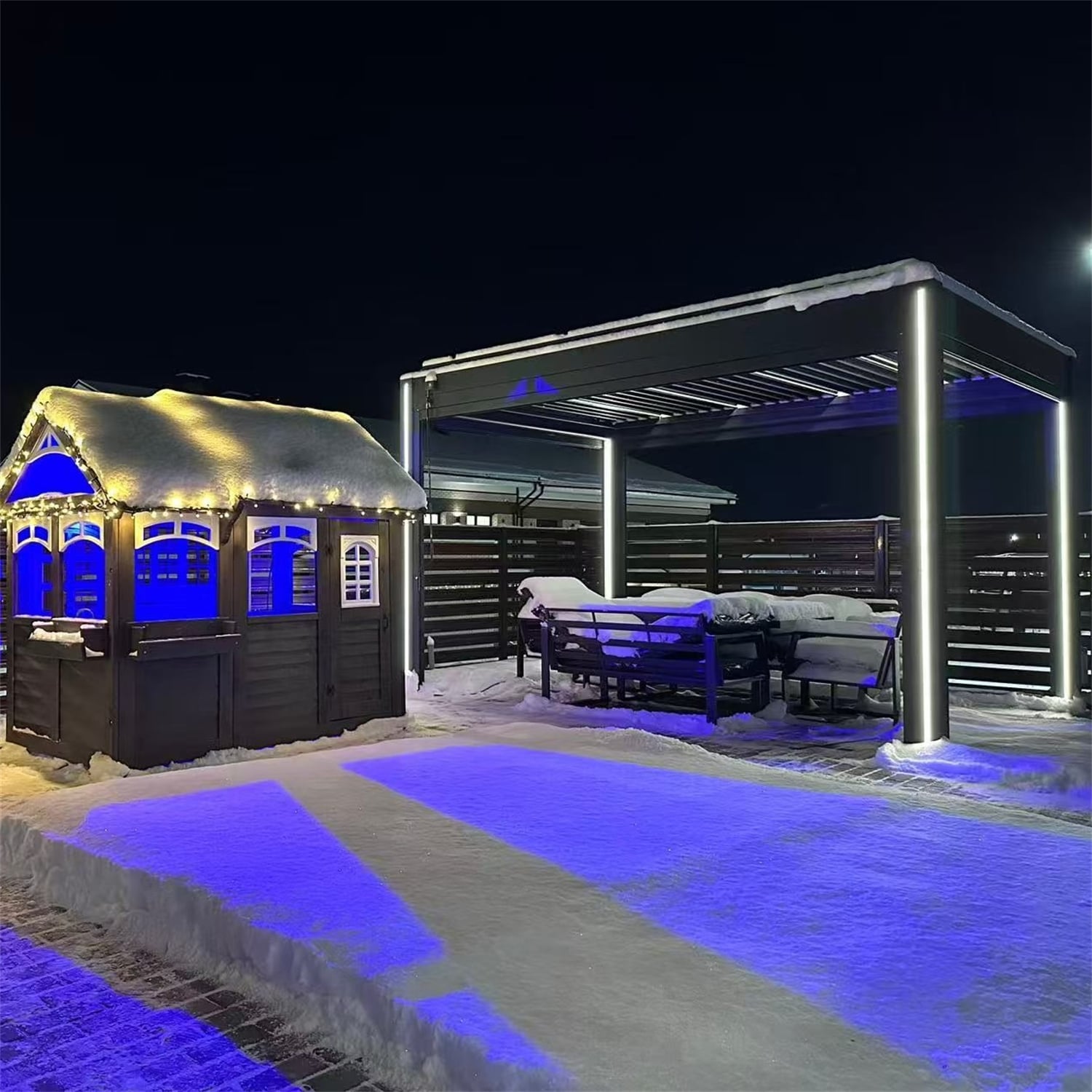 Modern American Patio Upgrade: Freestanding Manual Louvered Pergola with Column Ambient Lighting