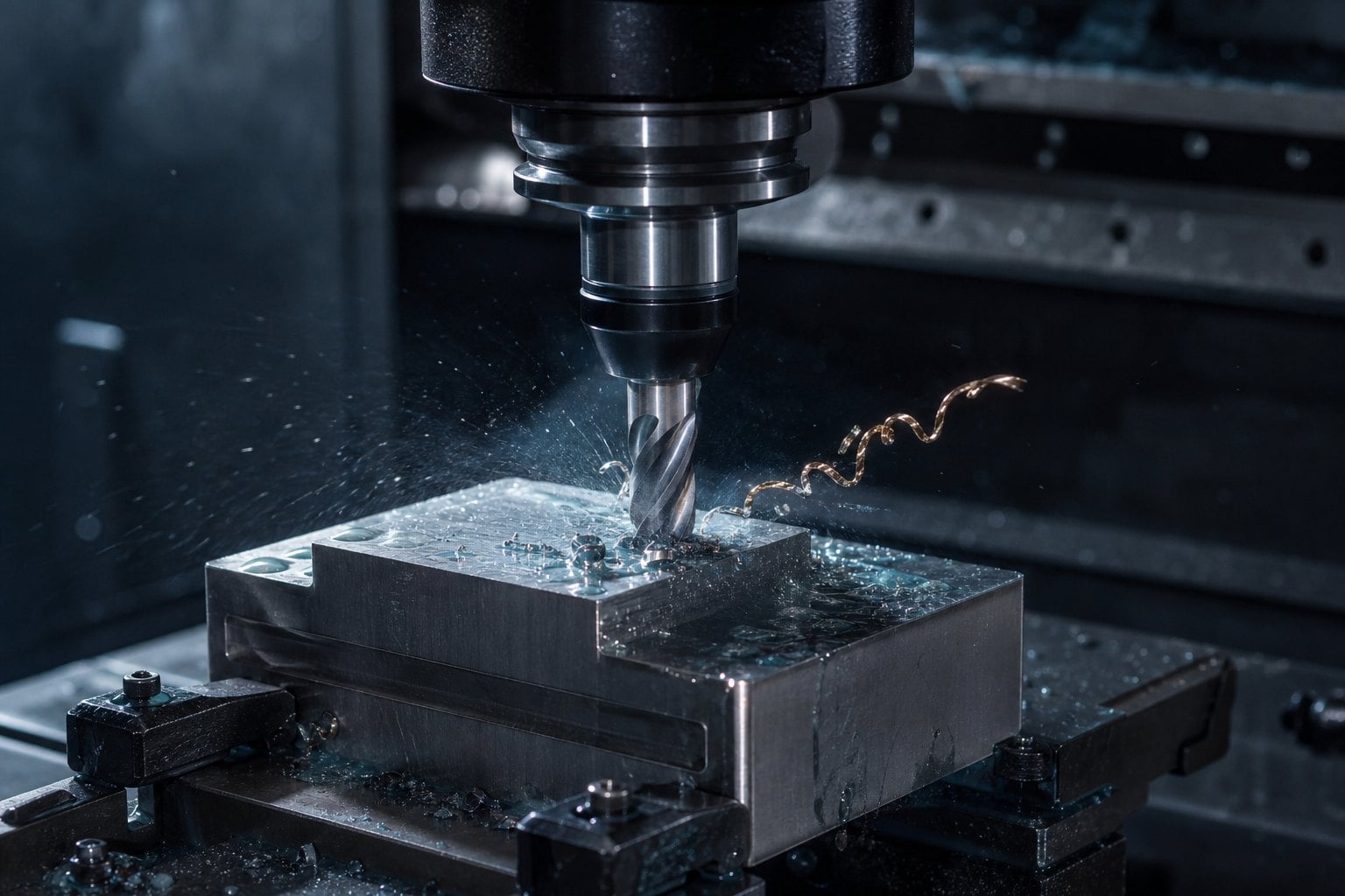 Close-up of a CNC machining centre cutting a steel block with a carbide end mill