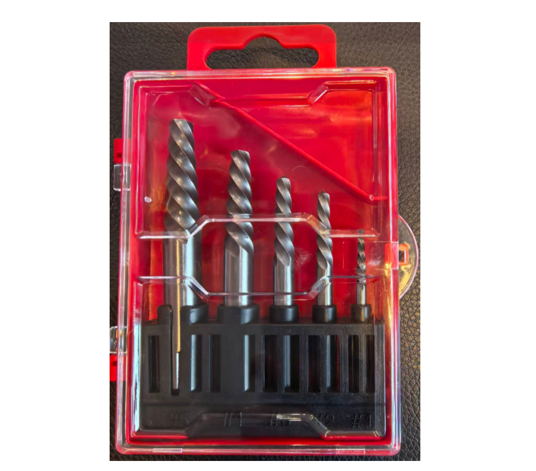 AMSUO 5-Piece Milled Screw Extractor Set (EXTP-5) — Bearing Steel, Coarse-Thread Reverse Spiral Flutes, No.1–No.5, High-Torque Grip for Broken Bolts & Studs