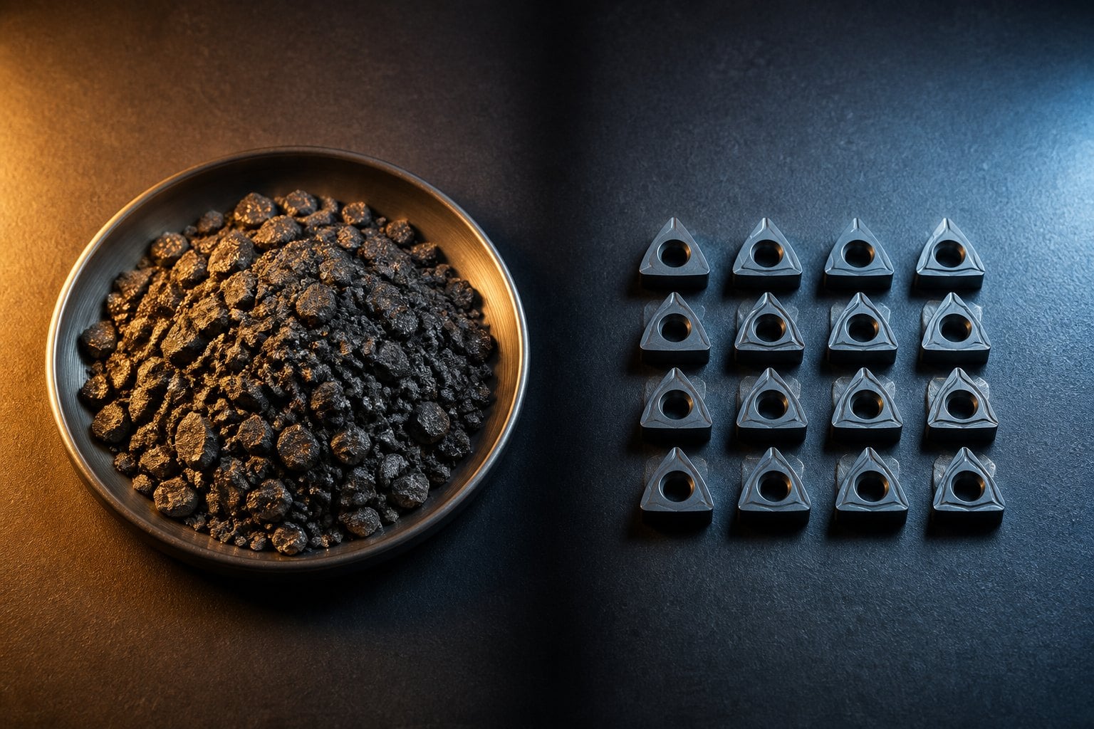 Raw tungsten ore concentrate in a steel tray beside finished carbide cutting inserts under contrasting light