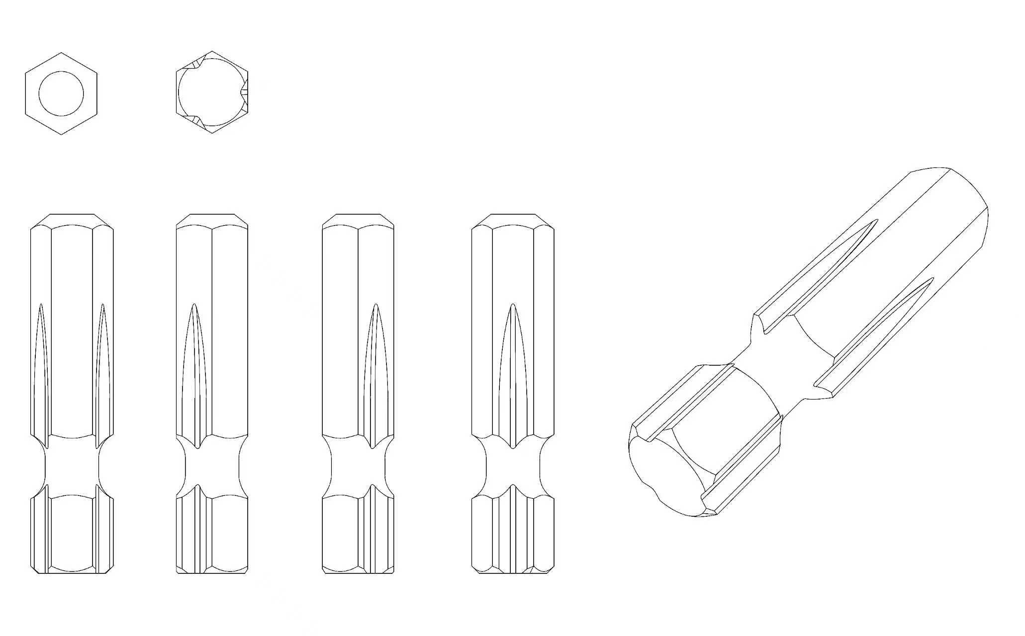 Published design drawings of the self-adaptive hex shank: orthographic views and an isometric view