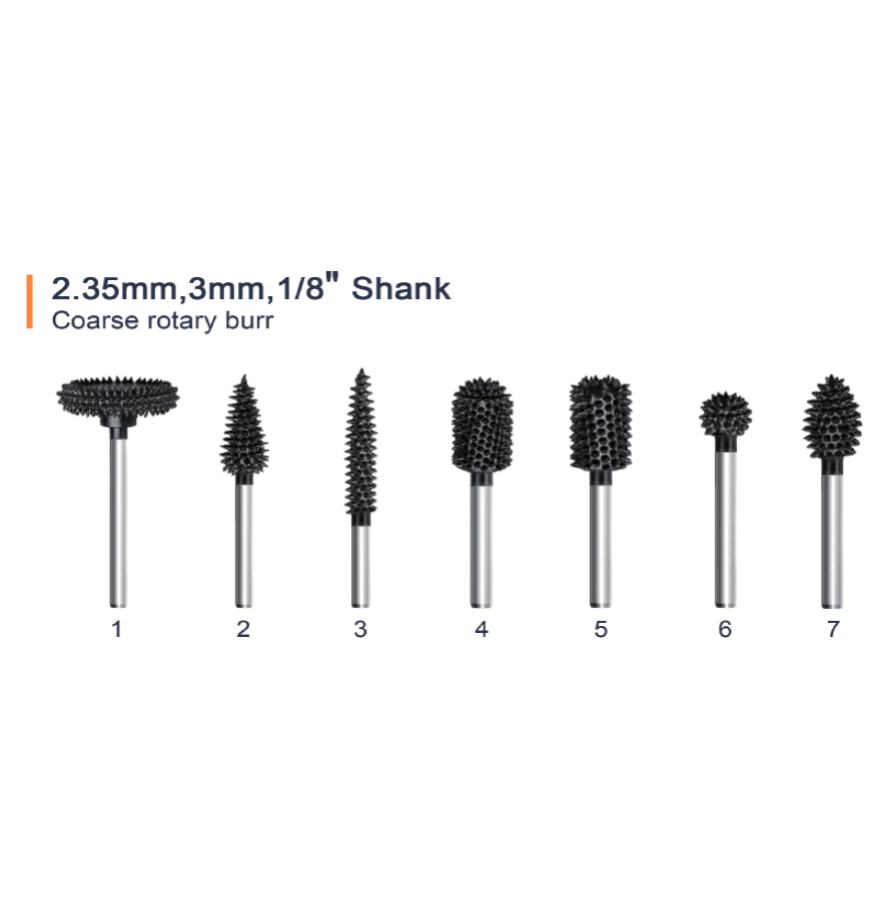 AMSUO Rotary Burr Set — Inch Series, 7 Shapes (Rotary Saw, Cone, Taper, Ball Nose, Cylinder, Sphere, Flame), 1/4