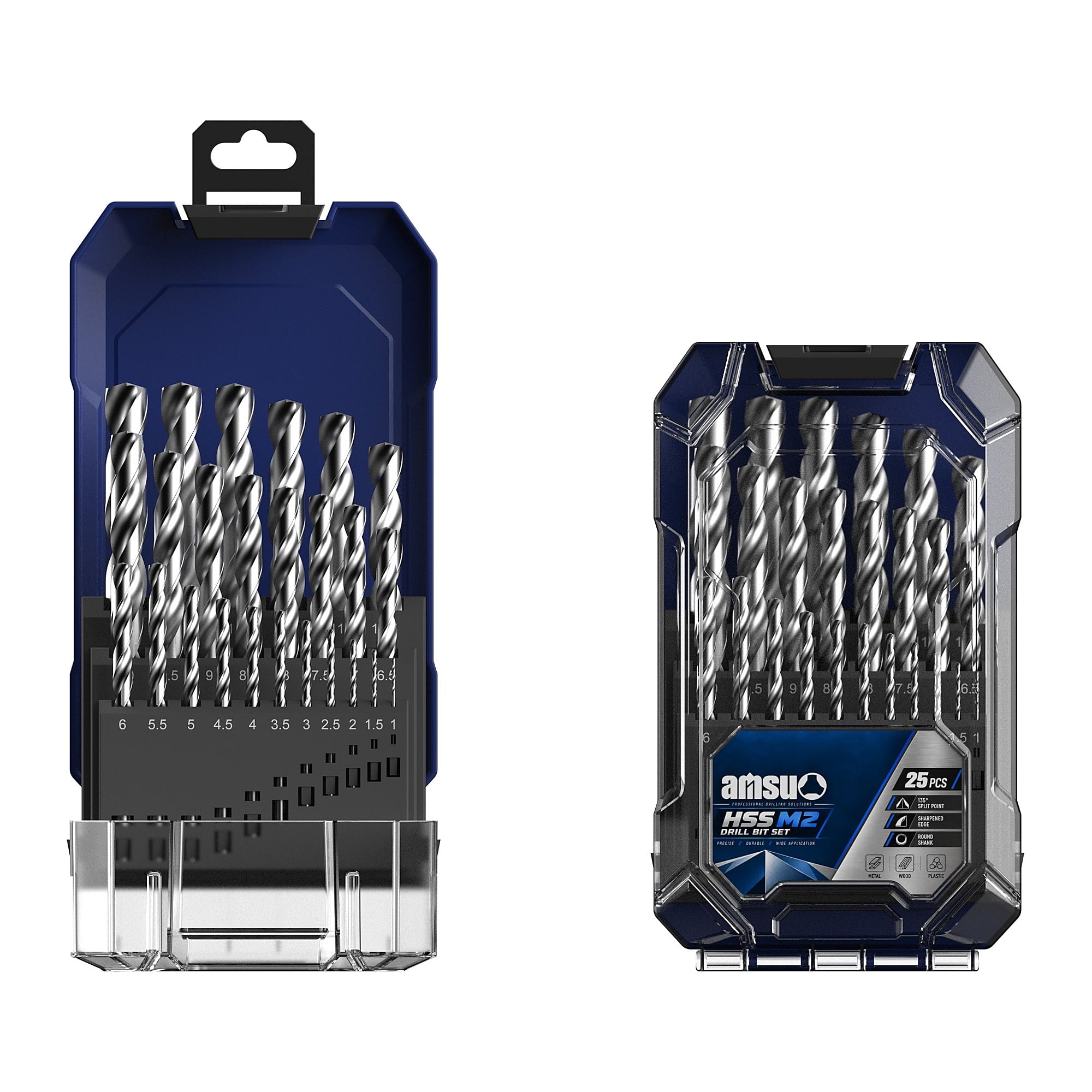 AMSUO 25-Piece HSS-M2 Fully Ground Drill Bit Set, Bright Finish — 1.0 to 13.0 mm, 135° Split Point, Metric DIN
