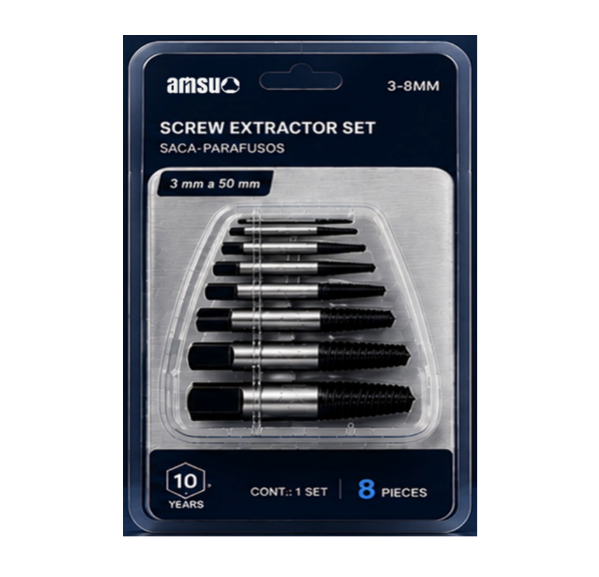 AMSUO 8-dielny metrický súprava na vyberanie skrutiek — na odstraňovanie zlomených skrutiek a kolíkov, extraktory 3–8 mm pre skrutky 3–50 mm, ľavotočivé špirálové závity, 10-ročná záruka, blisterová obalová karta