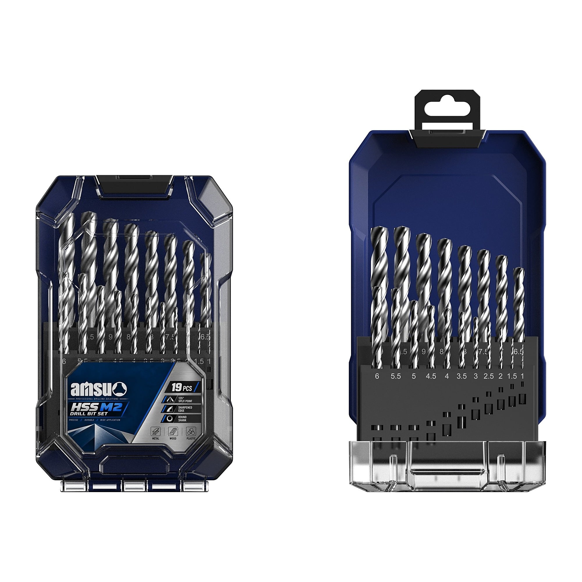 AMSUO 19-Piece HSS-M2 Fully Ground Drill Bit Set, Bright Finish — 3/32