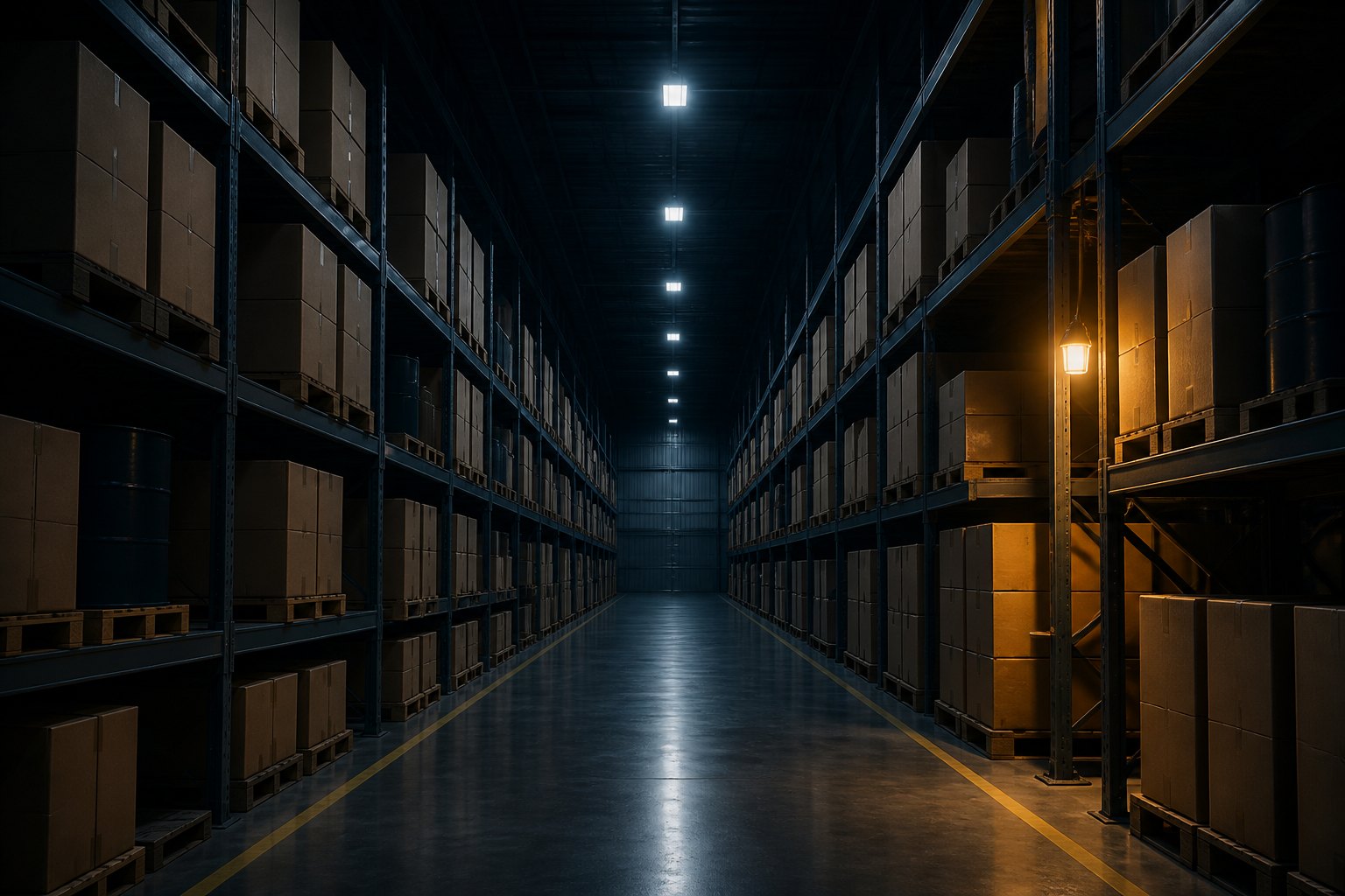 A dark industrial warehouse aisle with racking, plain cartons and sealed steel drums