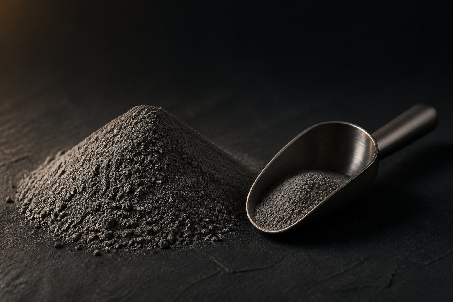 Fine grey tungsten carbide powder with a stainless steel scoop on a dark slate surface