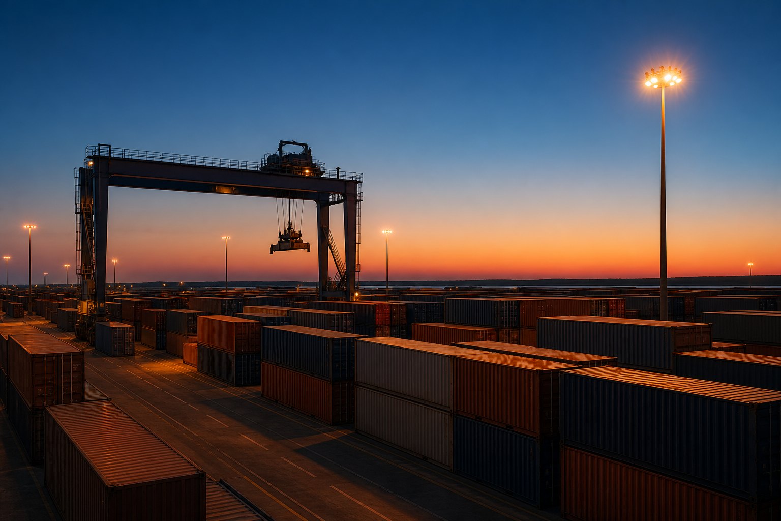 Stacked shipping containers and a gantry crane at a port terminal at dusk