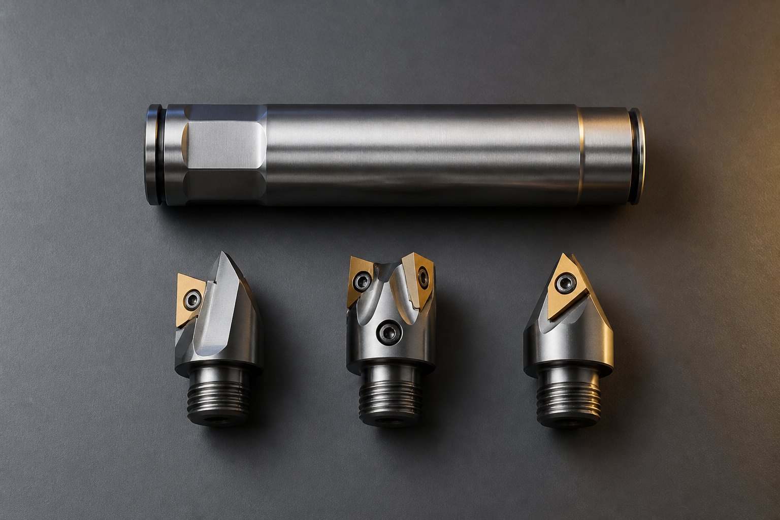 A modular tool body with three interchangeable carbide cutting heads arranged in a row