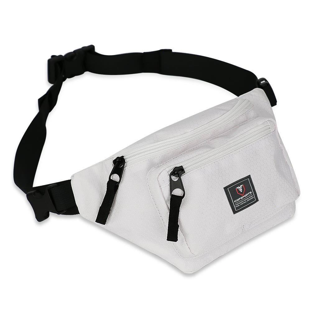 KOP OEM Customized Premium White 600D Polyester Waist Bag Fanny Pack for Men and Women with Adjustable Strap and Extra Pockets