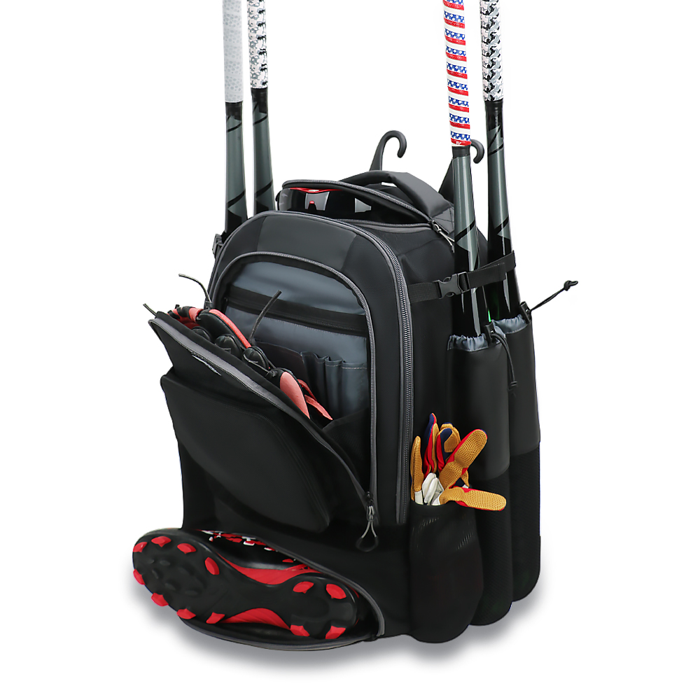 Bolso de softbol personalizado KOP al por mayor, negro y de carbón activado, suave, mochila de béisbol con soportes para 4 bates y compartimento para tacos para jugadores