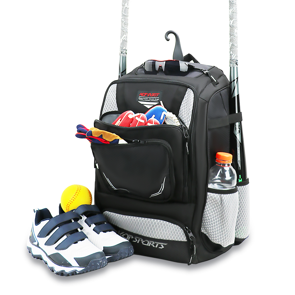 KOP Custom Wholesale Black Charcoal Softball Bag Baseball Backpack with 4 Bats Holders and Cleats Compartment for Players 