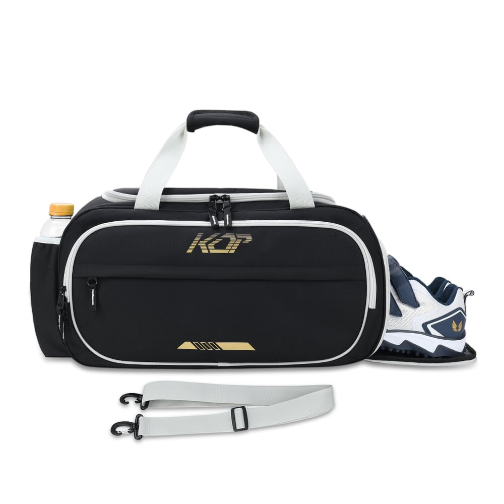 KOP OEM Professional Series Customized Black Gold Sports Duffel Bag for GYM and Fitness with Shoes Compartment