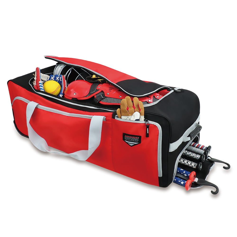 KOP Custom Wholesale Heavy Duty Black Red Softball Baseball Equipment Bag with Wheels for Players and Catchers