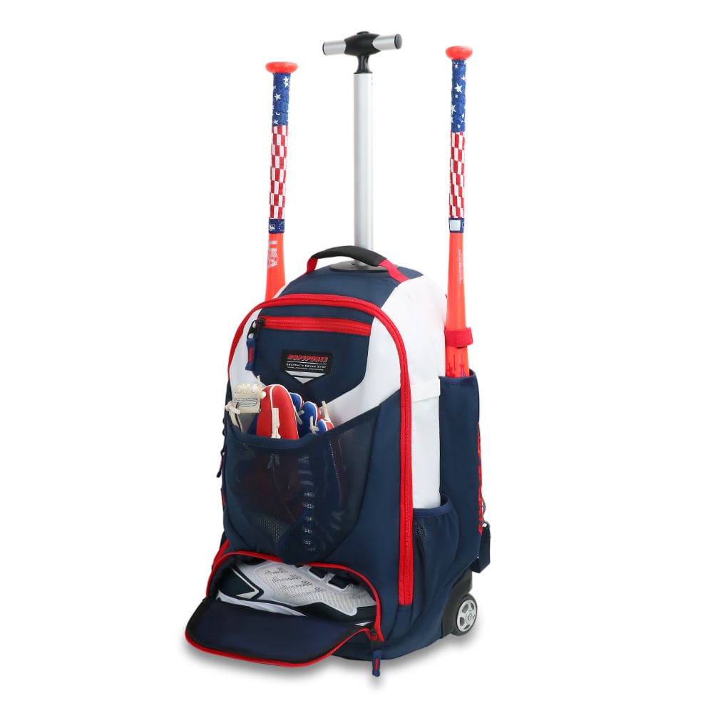 KOP Custom Wholesale Heavy Duty Navy White Softball Baseball Rolling Bag with Wheels for Man and Women