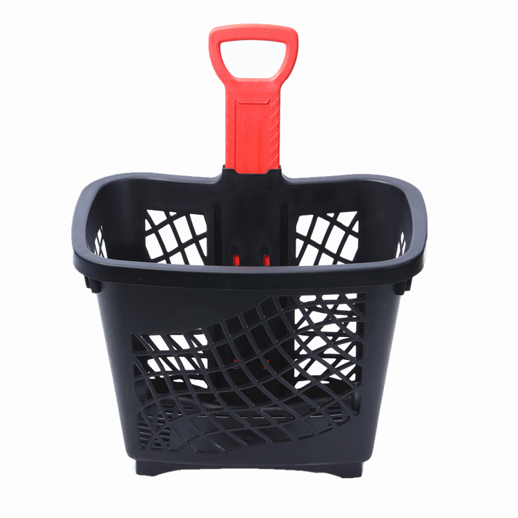 How does a shopping basket with wheels improve convenience for grocery shoppers?