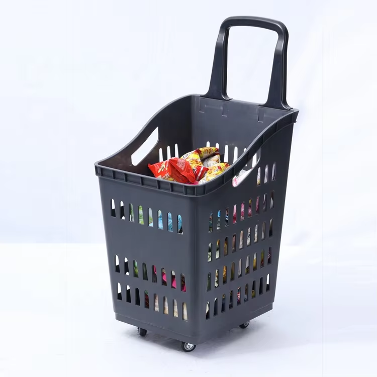 How does a shopping basket with wheels reduce customer fatigue in stores?