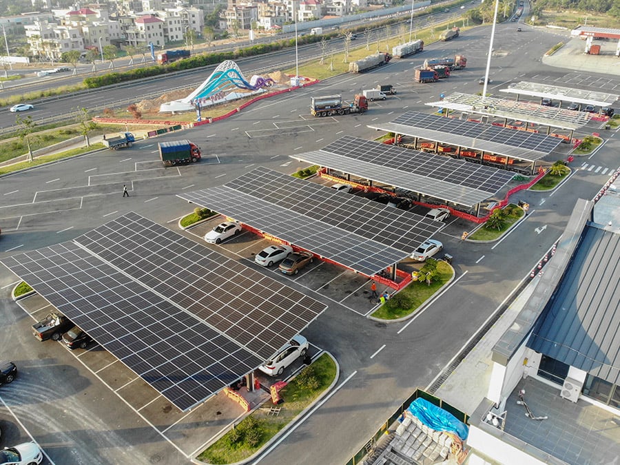Solar carport above an EV charging bay