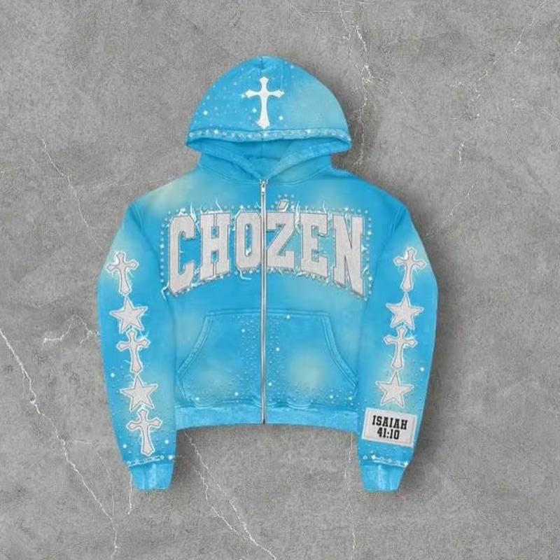 Brugerdefinerede vintage streetwear-trøjesæt med lynlås – åndende flare-bukser med broderi og forældet udskylt effekt, løst tilfaldende tracksuit