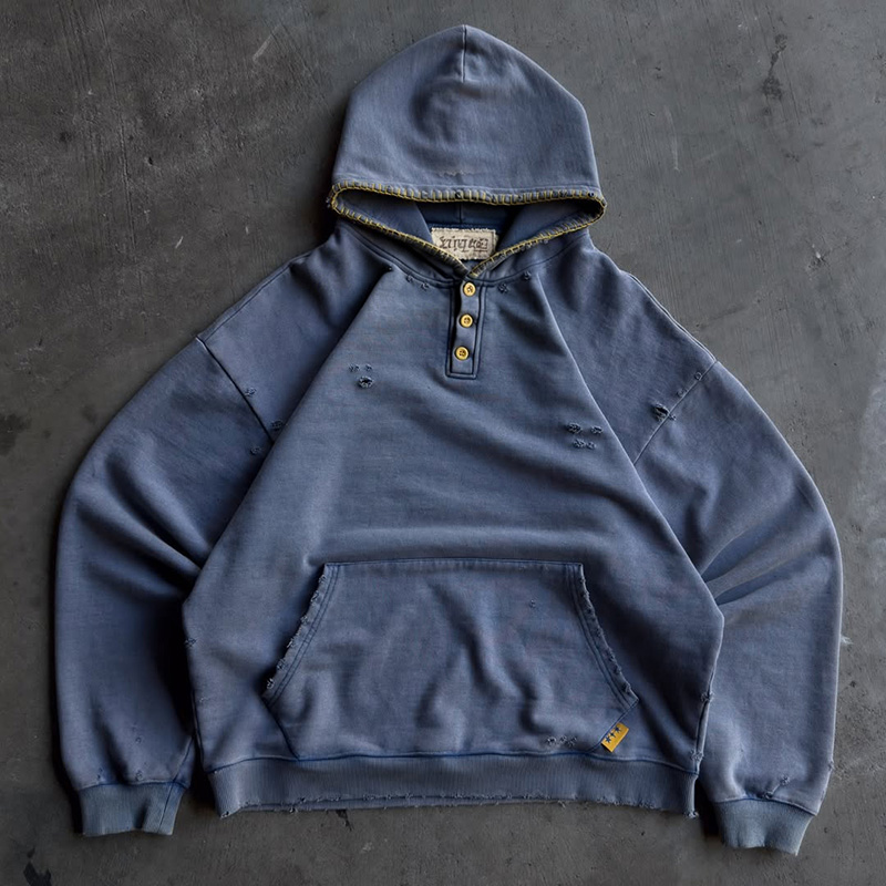 Heavyweight 100% Cotton 3-Button Half Placket Distressed Hoodie, All-Over Destroyed Ripped Oversized Drop Shoulder Vintage Casual Sweatshirt