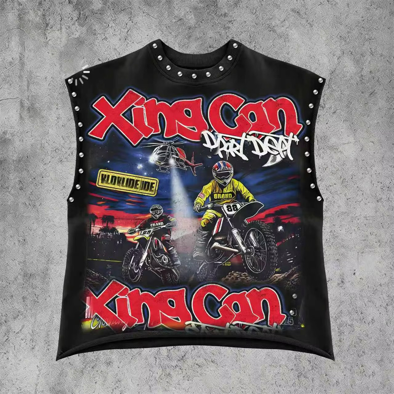 Custom Men's Vintage Street Style Sleeveless T-Shirt Heavyweight 100% Cotton Distressed Rhinestones DTG Printing Loose