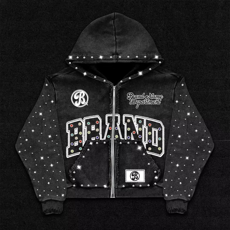 Hoodie de înaltă calitate pentru bărbați, din bumbac 100%, cu fermoar personalizabil, stil urban retro, cu aplicații brodate și pietre strălucitoare aplicate prin termofixare