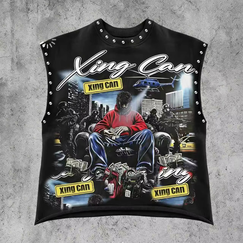 Brugerdefineret street-style T-shirt til mænd i 100 % bomuld med mørk gothisk øje-kunst, studde og skærprint på ærmløs model i løs pasform