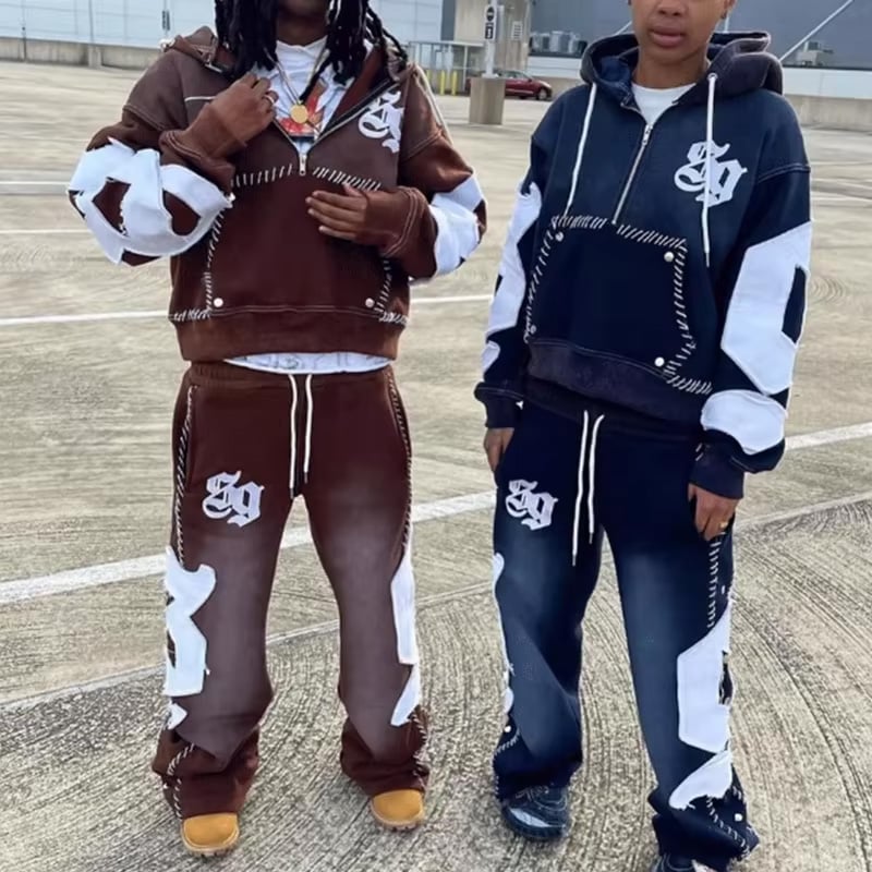 Set personalizat de streetwear: pulover cu broderie inversată, pantaloni largi cu efect de spălare acidă vintage și cu aspect deteriorat, și hoodie