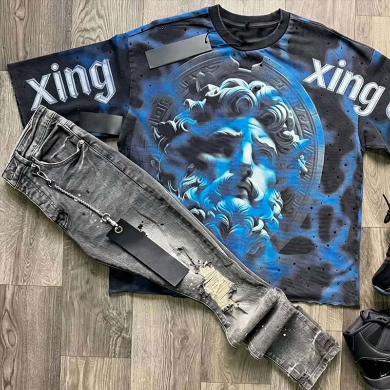 Mænds bedstselgende sæt: Heavyweight-bomuld DTG-digitalprint-rhinestonet-shirt, syrefarvede bukser, tilpasselig