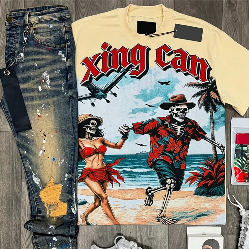 Tilpasset strasssten-T-shirt i vintage washet look – herresæt i heavy-weight 100 % bomuld med DTG-print, boxy retro-stil og tilpasset udseende