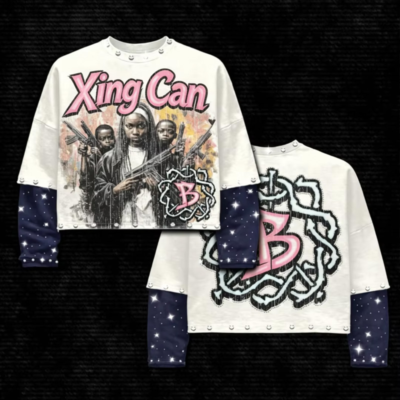Προσαρμοσμένο αμερικανικό streetwear T-shirt Y2K για άνδρες, με εκτύπωση πορτρέτου και διακόσμηση με καρφιτσώματα, αστικό ρετρό στιλ