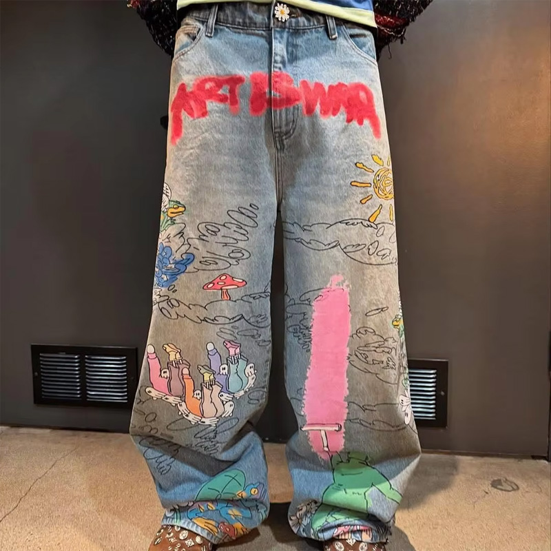 Klasyczne jeansy dla mężczyzn w stylu retro z materiału o gramaturze 300 g/m², zniszczone, z bezpośrednim nadrukiem DTG (Direct-to-Garment) metodą natryskową, luźne, wykonane z dbałością o szczegóły