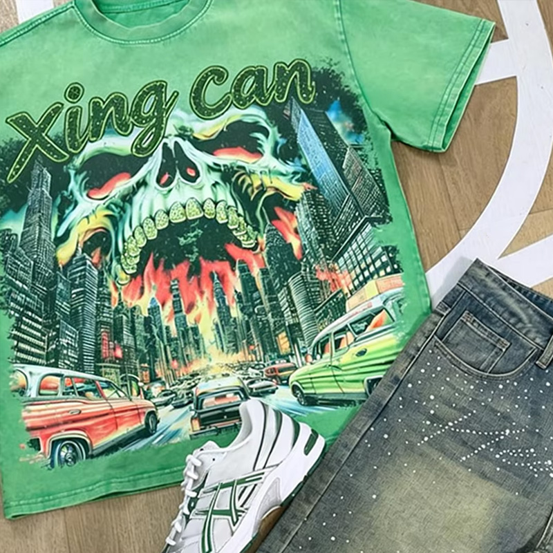 Mænds bedstselgende sæt: Heavyweight-bomuld DTG-digitalprint-rhinestonet-shirt, syrefarvede bukser, tilpasselig
