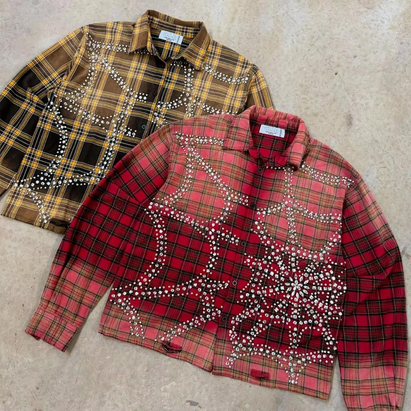 Cămașă personalizată cu mâneci lungi din bumbac 100%, de înaltă calitate, grea, oversized, pentru streetwear, cu efect de spălare acidă și cu piatră cubică (rhinestone) pentru bărbați