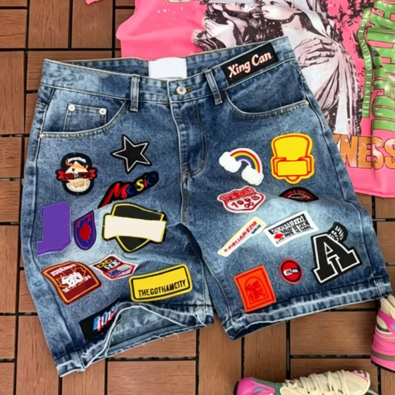 High-street-sæt i tungt bomuldsmateriale med vintage-opvasket finish, DTG-digital print på T-shirt, badge- og patchdetaljer samt jeansshorts i Y2K-blanding – brugerdefineret design tilgængeligt