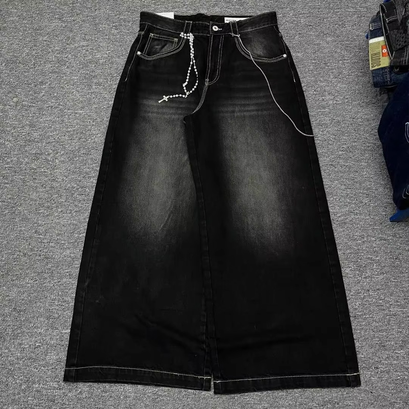 Custom Vintage Washed Faded Men's Jeans - Street Style Oversized Loose Wide-Leg Pants with Embroidery & Screen Printing Options