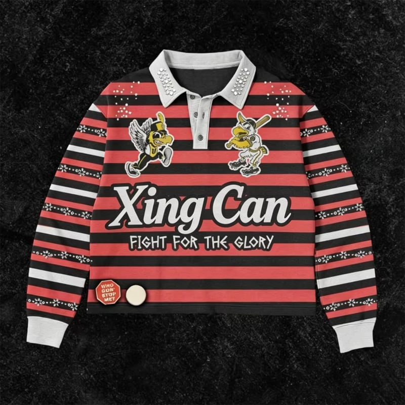 Tricou polo vintage, în stil streetwear, pentru bărbați, din bumbac 100%, cu mâneci lungi, greu, cu imprimare digitală DTG și pietre strălucitoare aplicate termic, personalizabil