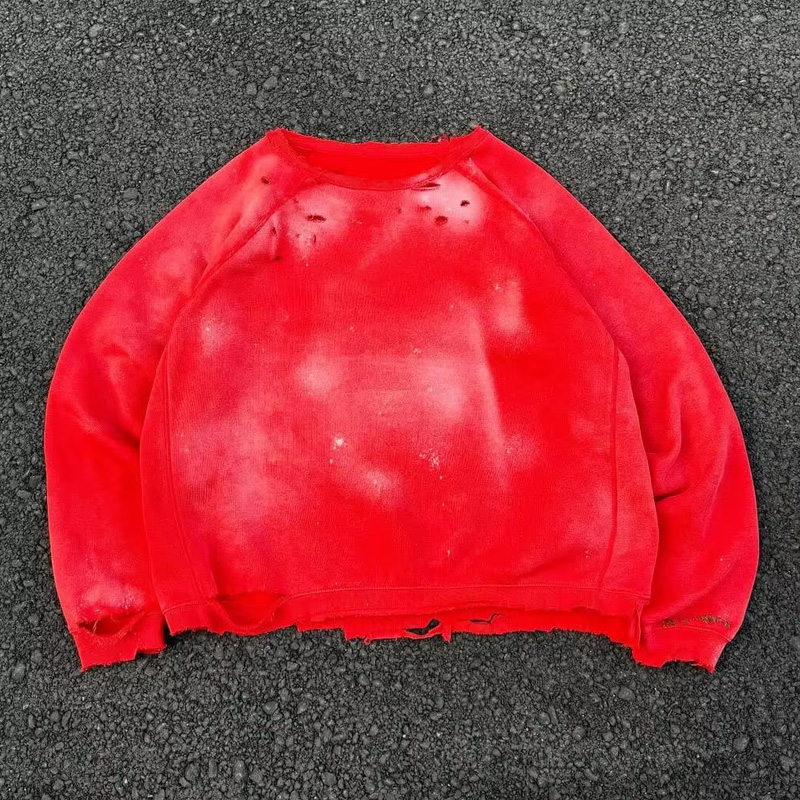 Aangepaste heren retro straat-crewneck-sweatshirt, versleten / gradiëntwas / geribbelde kraag, ander patrone is aanpasbaar
