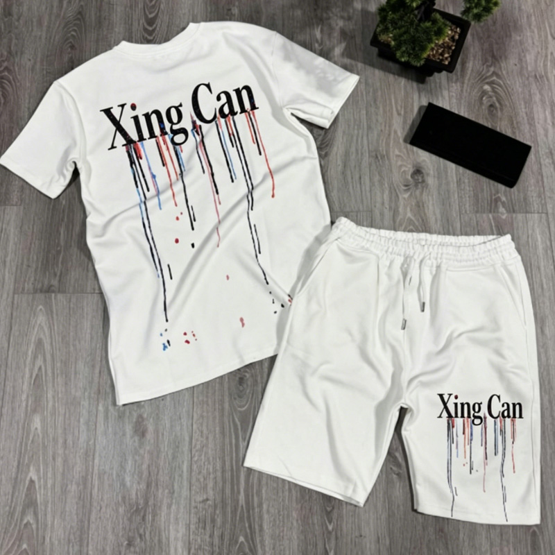 100 % bomulds herresæt med vintage-rhinestones og DTG-digital print: T-shirt og fitness-/sportsshort med trækstrikke – brugerdefineret design tilgængeligt