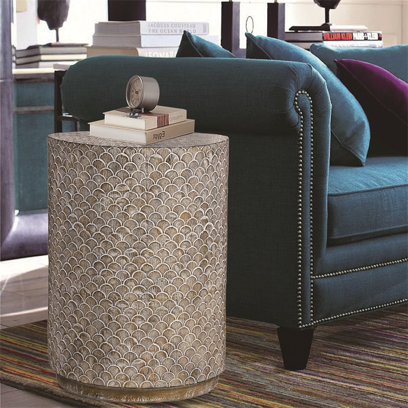 Vintage Fish Scale Cylindrical Accent Table | Weathered  Side Table for Living Room