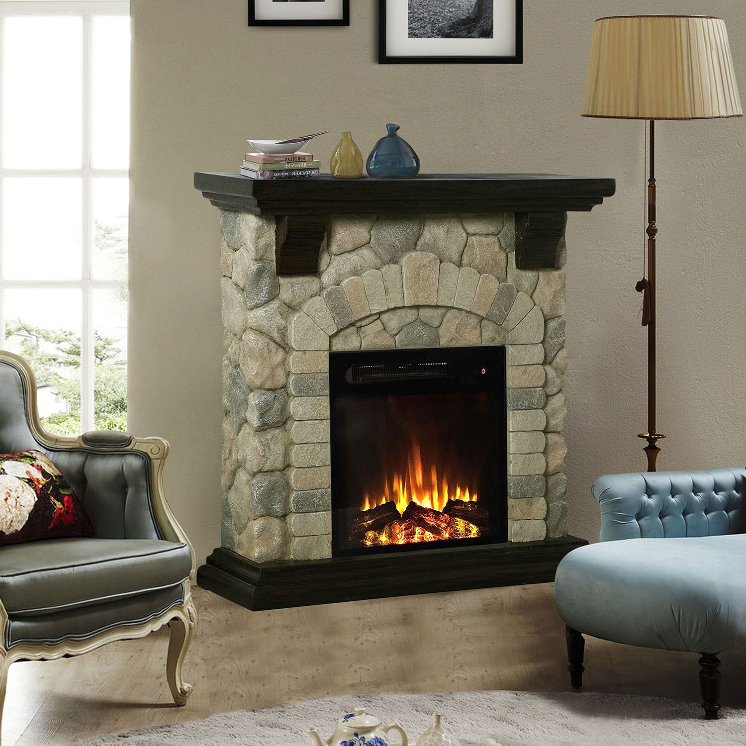 K209075 TAN Electric fireplace with Mgo mantel and remote control Adjustable temperature